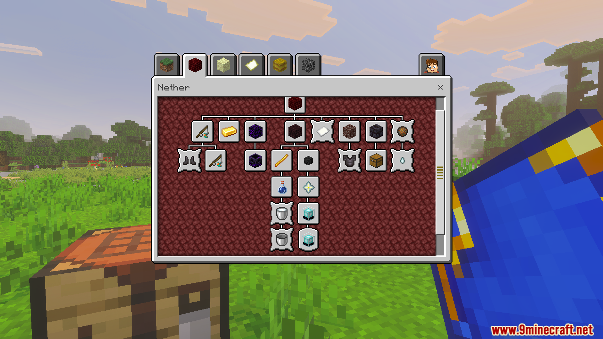 Custom Nether advancement tree menu showing progress icons in a red interface