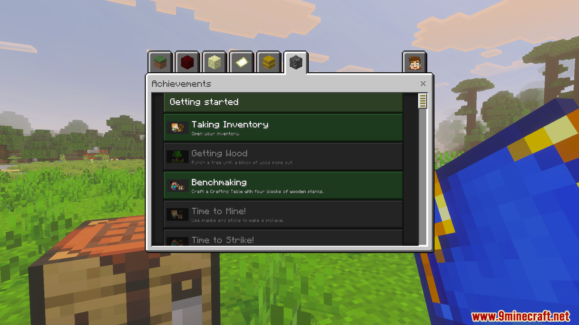 Achievement list menu displaying completed tasks like getting wood and taking inventory