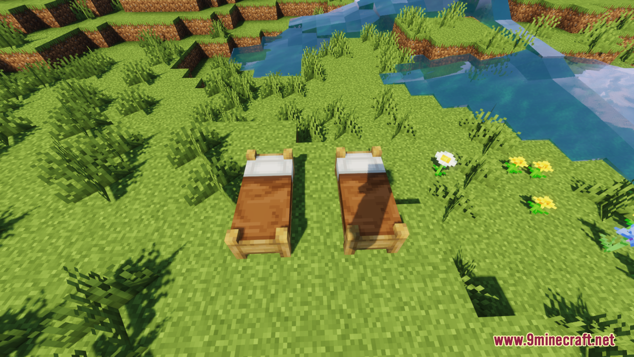 Bee's Cozier Beds Resource Pack Screenshot 12 Two brown single beds with wooden frames sitting on the grass