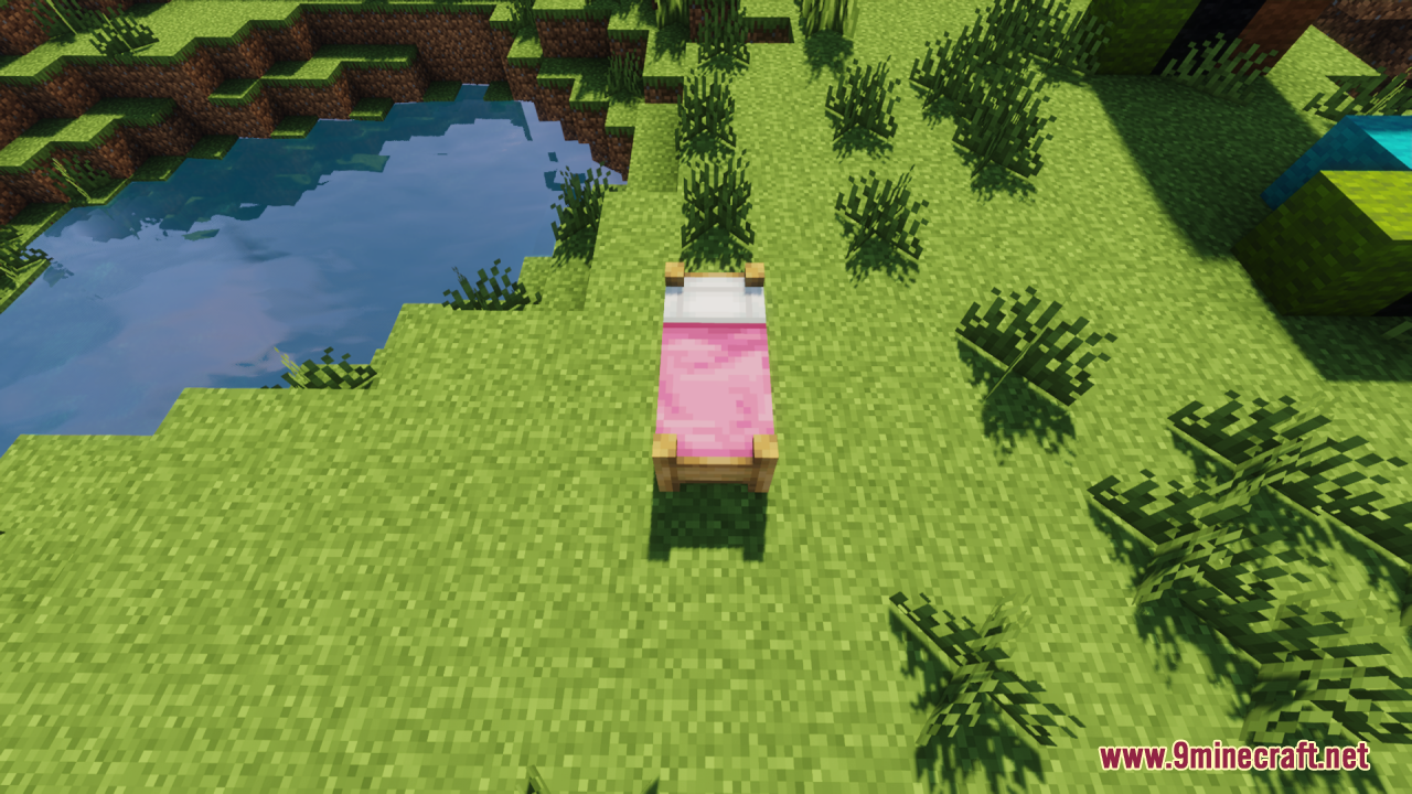 Bee's Cozier Beds Resource Pack Screenshot 2 A pink bed with a thick mattress sitting near a small pond