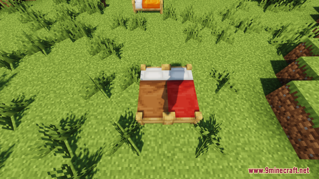 Bee's Cozier Beds Resource Pack Screenshot 6 Cozy brown and red beds with detailed wooden frames on grass