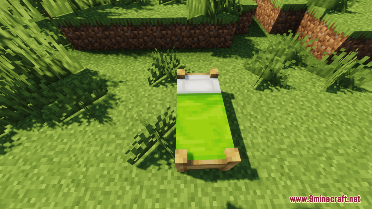 Bee's Cozier Beds Resource Pack Screenshot 8 Single lime green bed with a wooden frame on a grassy field