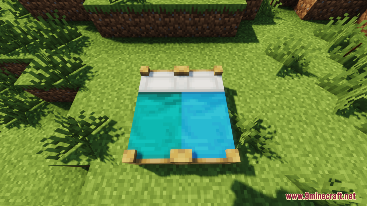 Bee's Cozier Beds Resource Pack Screenshot 9 A cyan and light blue double bed with custom wooden frames on grass