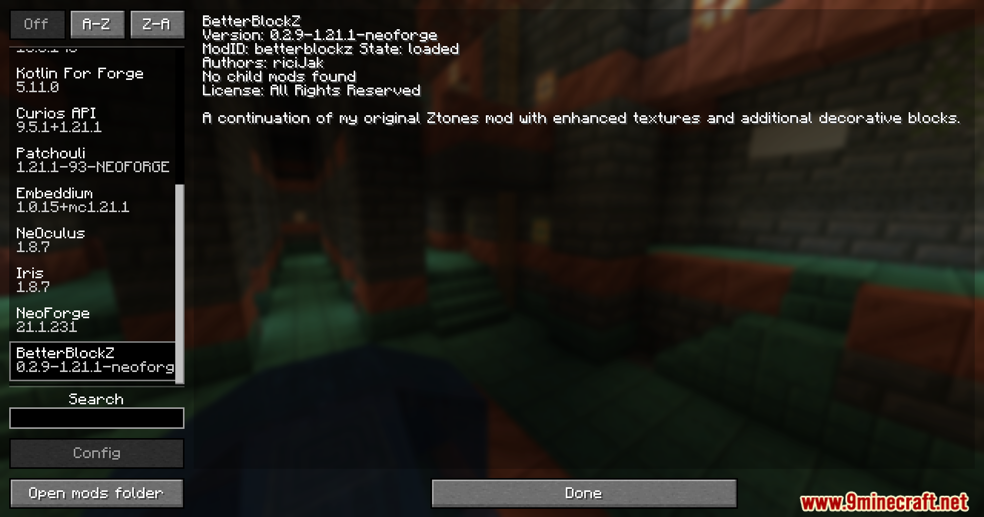 Better Blockz Mod Screenshot 1 The Minecraft mod menu displays version details and author information