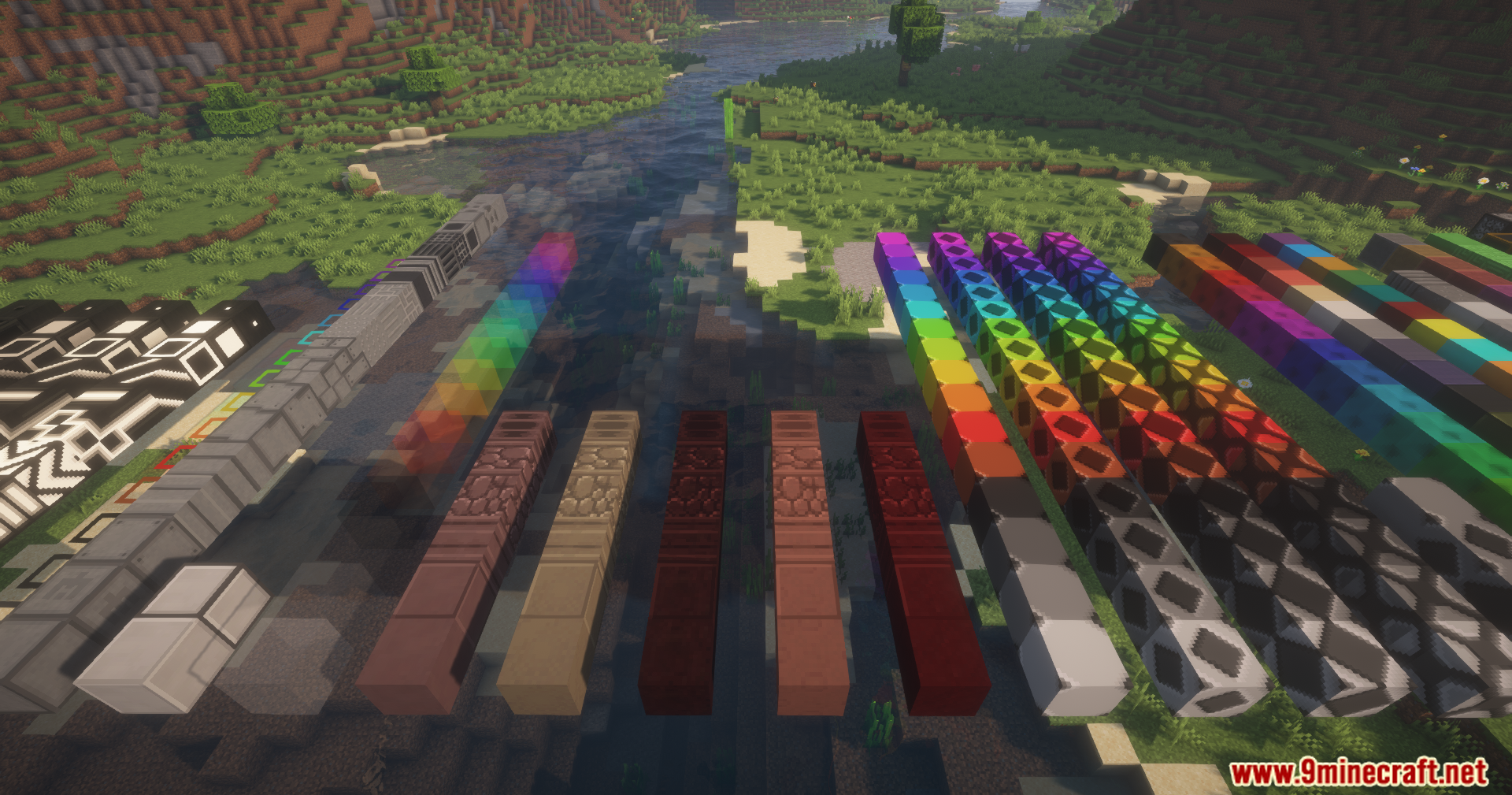 Better Blockz Mod Screenshot 10 Rows of textured stone and rainbow blocks displayed in a Minecraft world