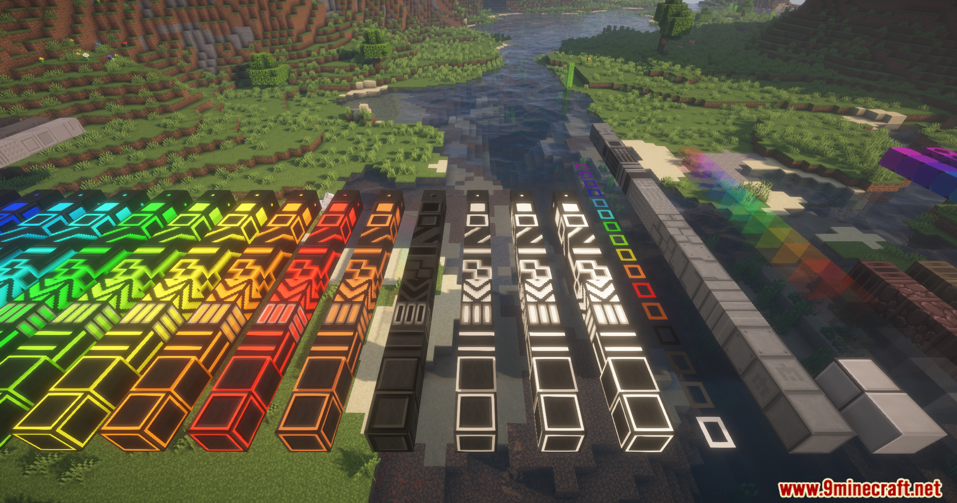 Better Blockz Mod Screenshot 11 Rows of glowing neon blocks and futuristic patterned blocks in a landscape