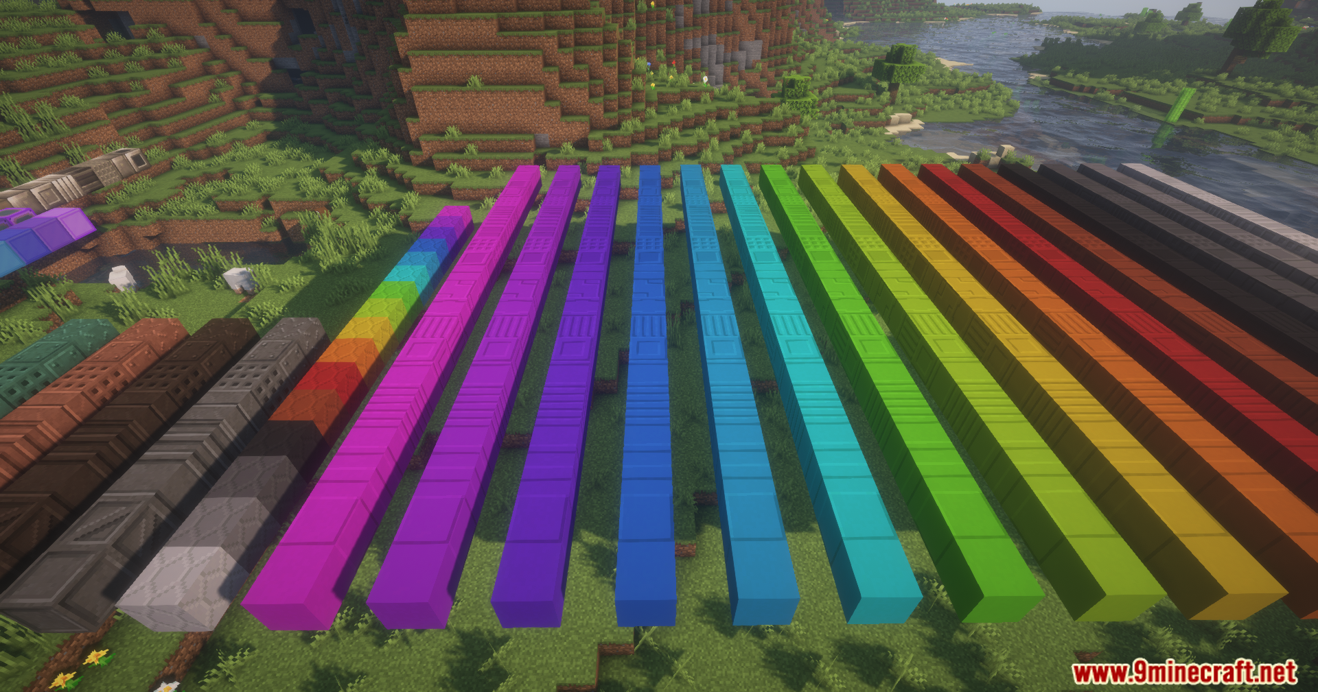 Better Blockz Mod Screenshot 13 Rows of vibrant colored blocks displayed in a grassy Minecraft landscape