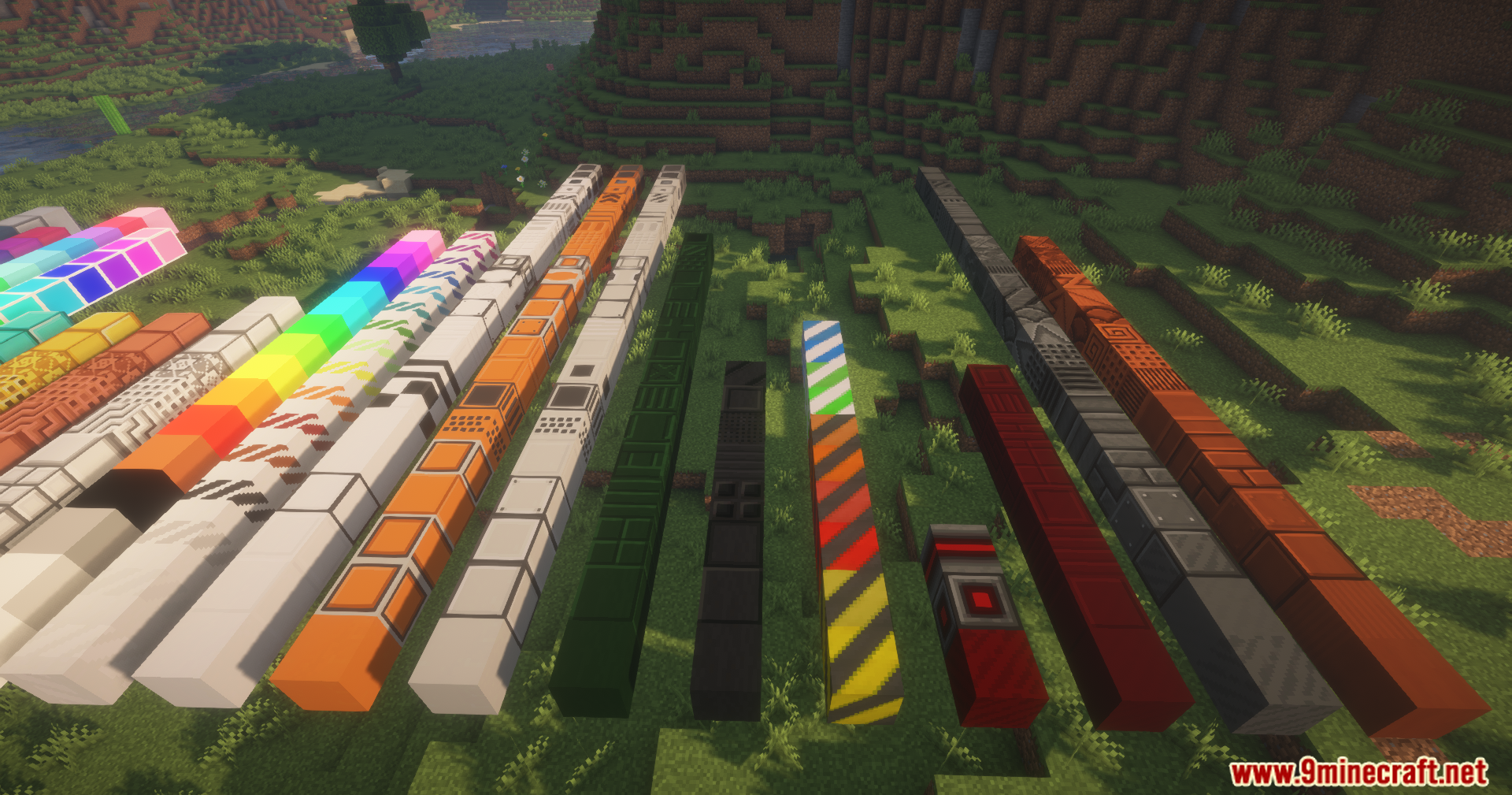 Better Blockz Mod Screenshot 6 Rows of colorful neon and patterned blocks displayed on a grassy field