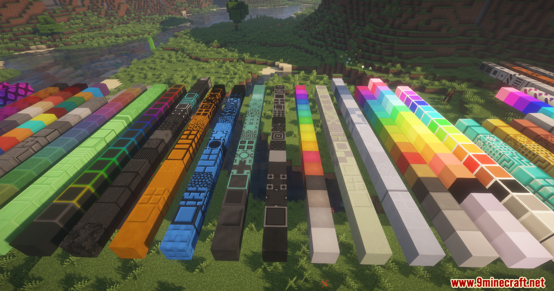 Better Blockz Mod Screenshot 8 Long lines of custom blocks with various designs and vibrant colors on grass