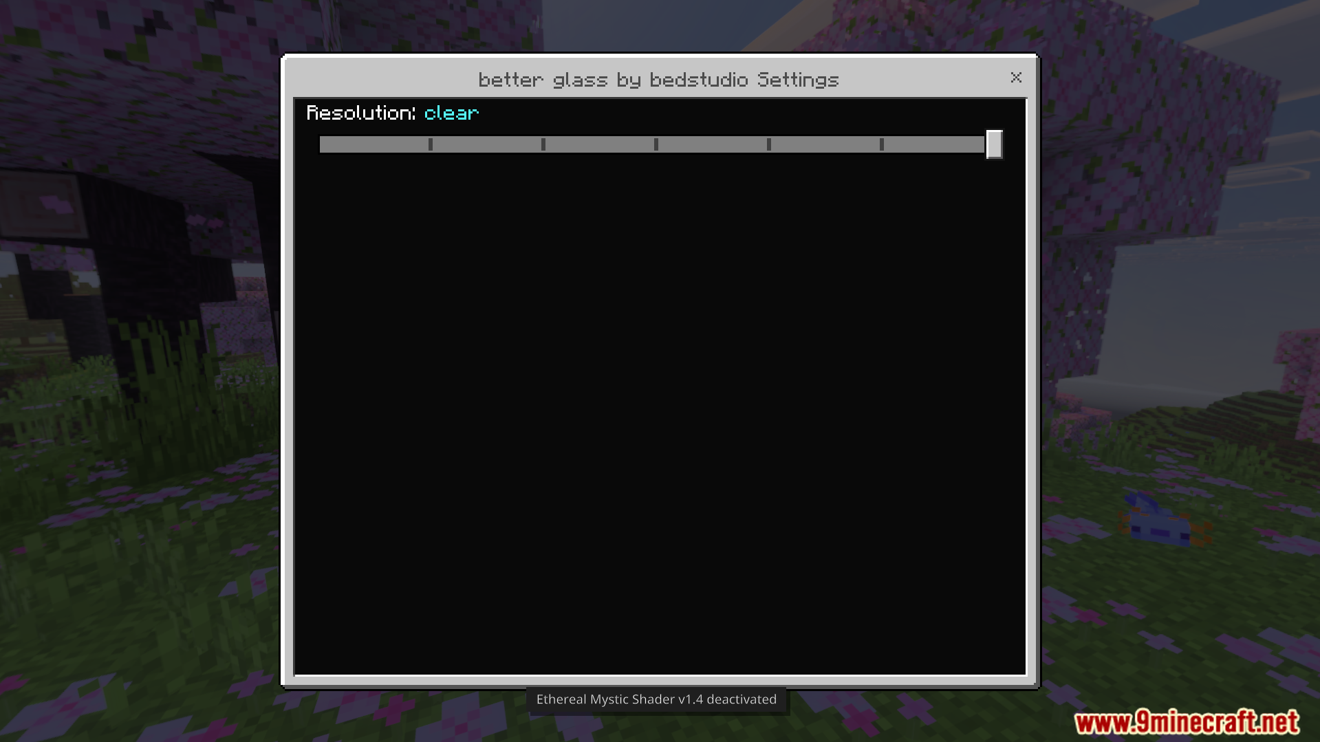 Settings menu for Better Clear Glass Texture Pack showing clear resolution option