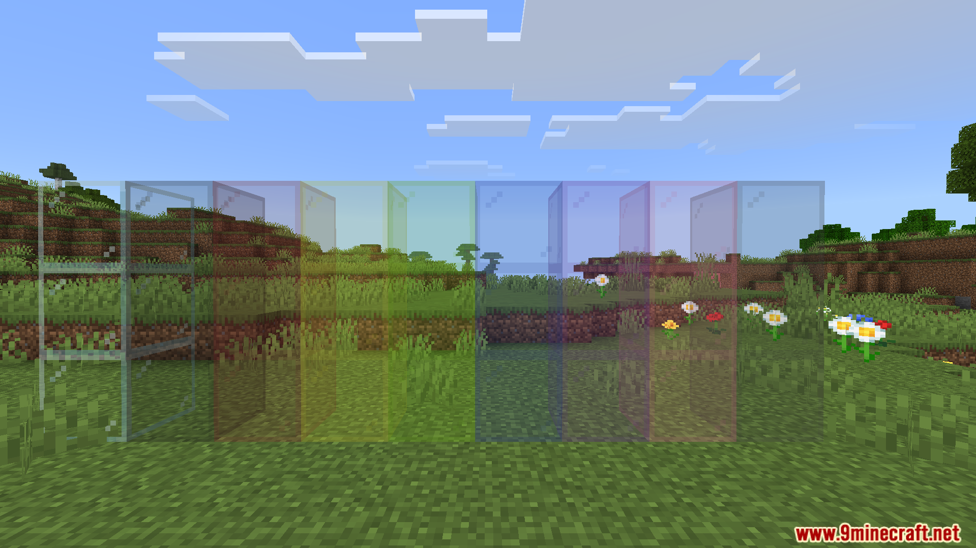Transparent glass blocks with smooth textures shown in a green Minecraft landscape