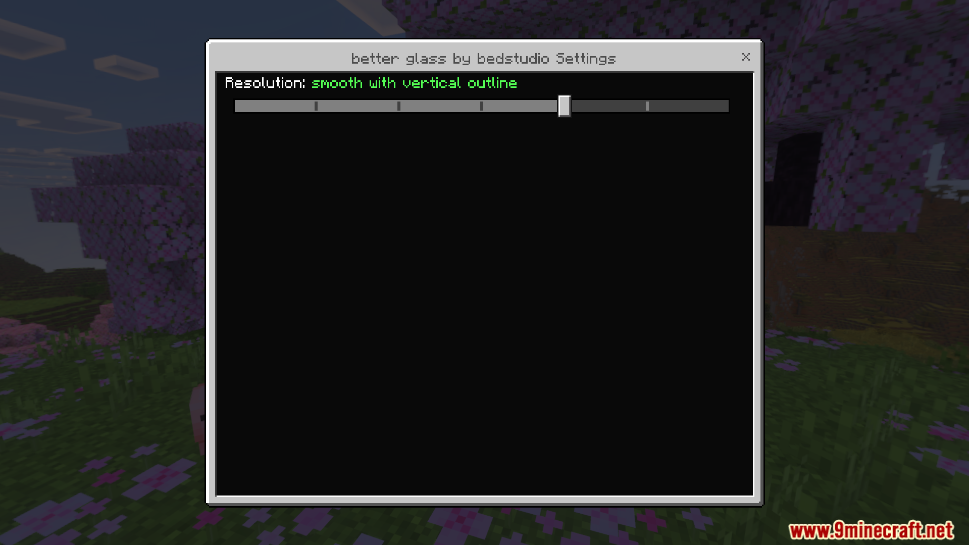 Better Clear Glass Texture Pack settings interface showing smooth resolution slider options