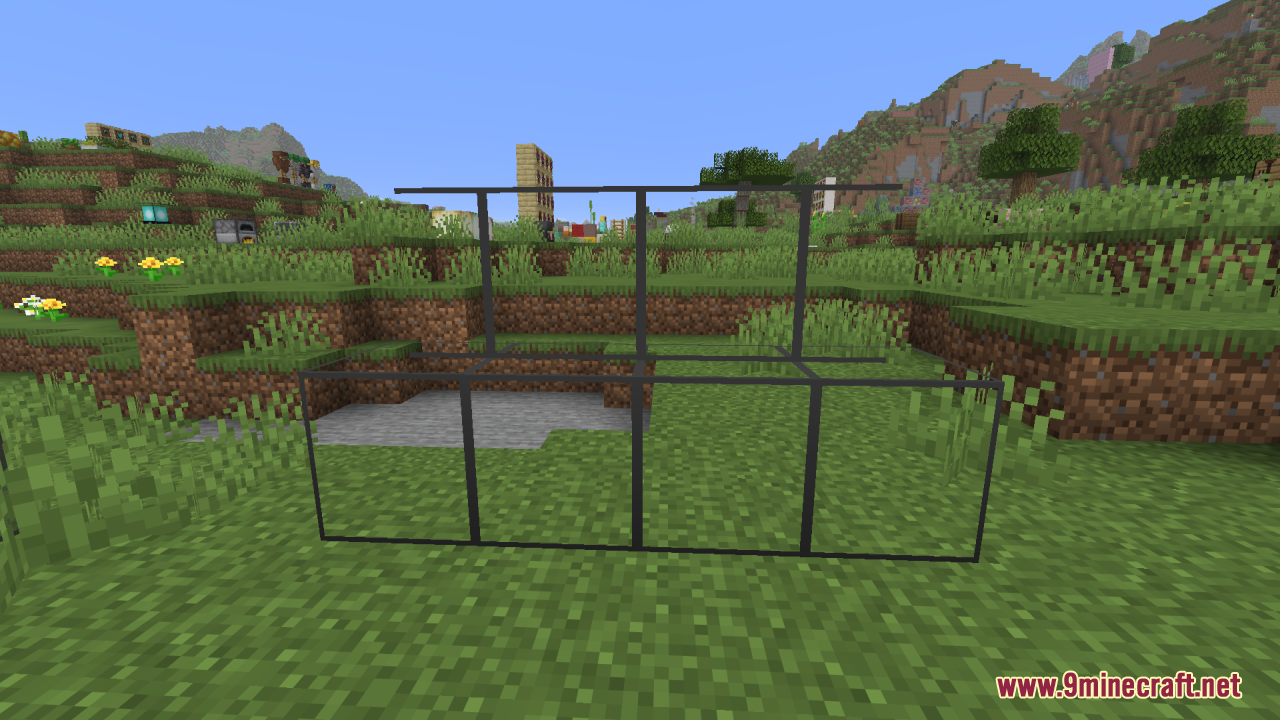 Better Clearer Glass Resource Pack Screenshot 1 Transparent glass blocks and panes with thin borders in a grassy field