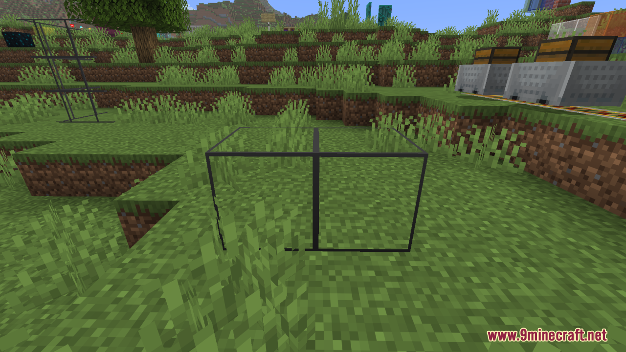 Better Clearer Glass Resource Pack Screenshot 4 Transparent glass blocks with thin black borders placed on a grassy hill