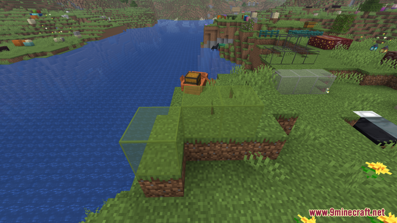 Better Clearer Glass Resource Pack Screenshot 8 Transparent glass blocks placed on a grassy riverbank near a wooden boat