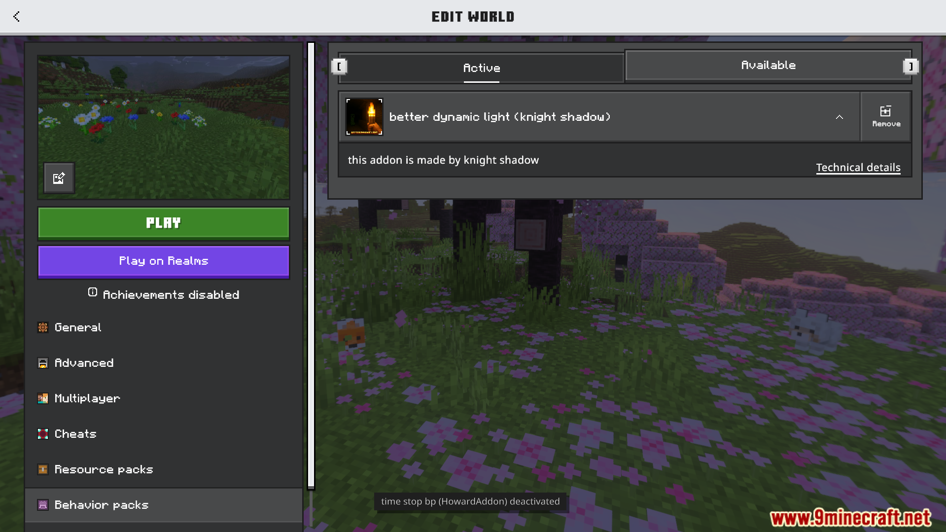 Better Dynamic Light Addon Screenshot 1 Edit world menu displaying the active better dynamic light addon behavior pack