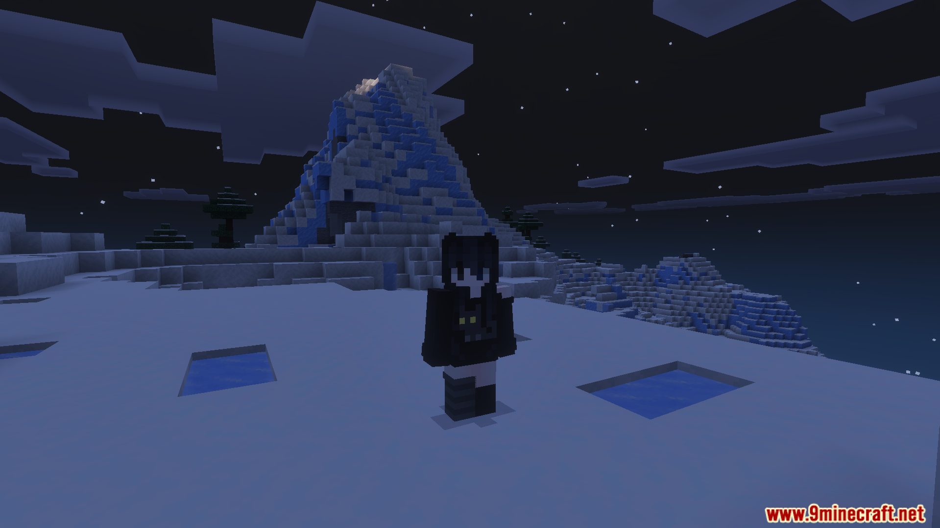 Better Dynamic Light Addon Screenshot 8 Player character standing in a snowy biome with a large frozen mountain backdrop