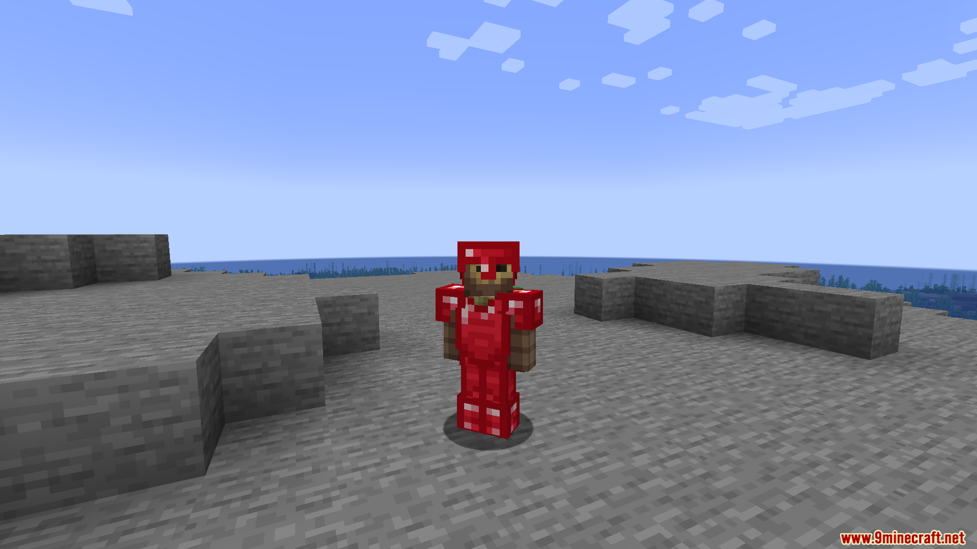 Better Nether PT BR Translation Resource Pack Screenshot 10 Minecraft character stands on a stone platform wearing a full red armor set