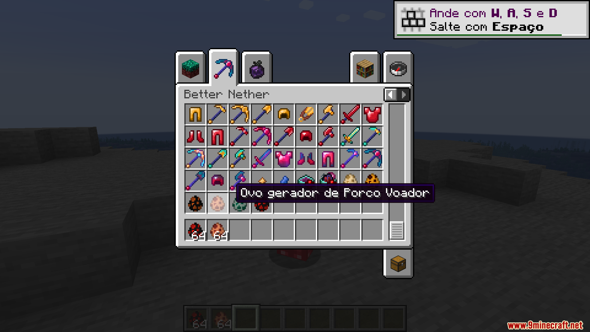 Better Nether PT BR Translation Resource Pack Screenshot 11 Minecraft inventory showing Better Nether items with Portuguese translated text tooltips