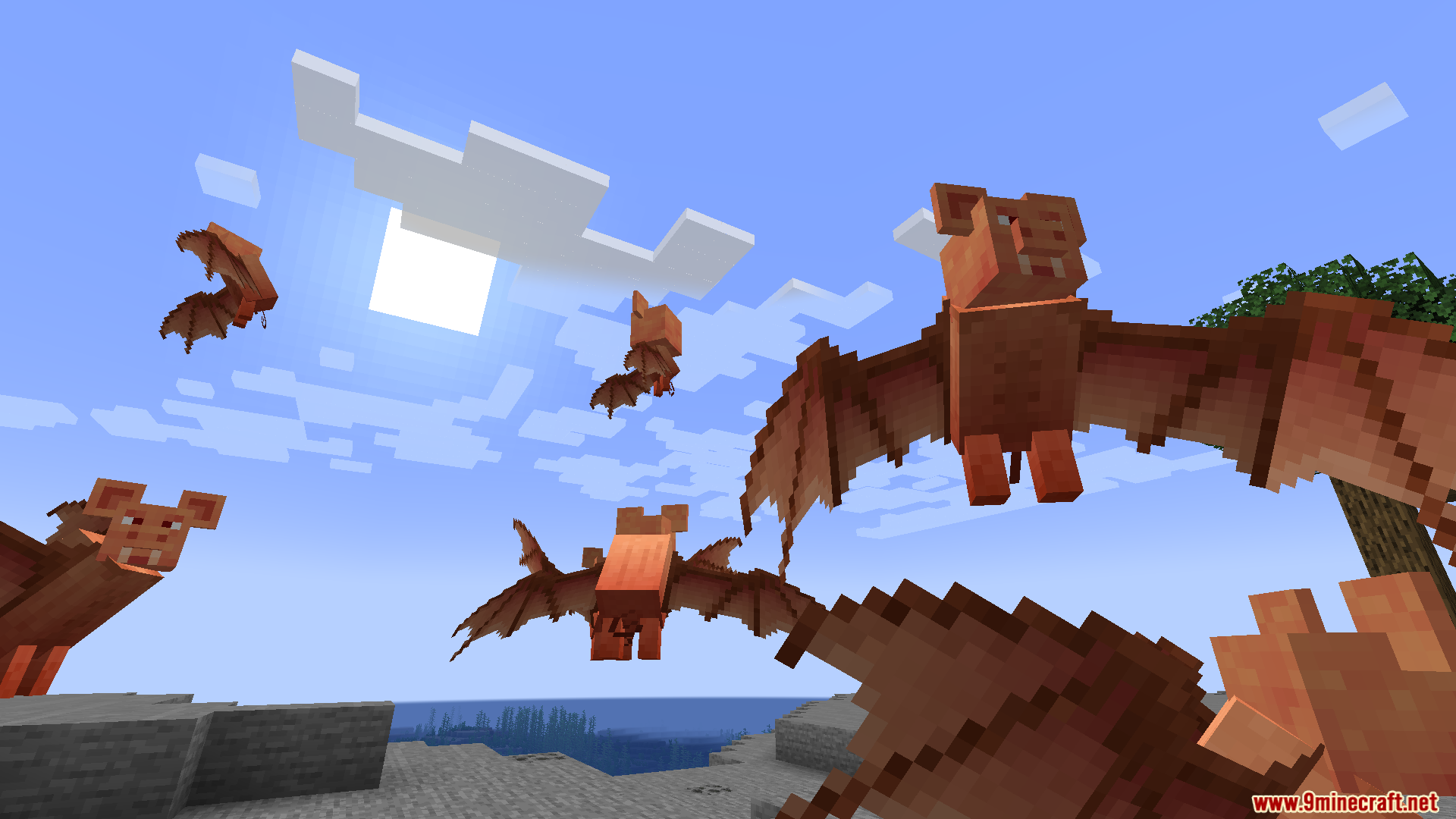 Better Nether PT BR Translation Resource Pack Screenshot 12 Several flying pig mobs with bat wings soaring through the blue sky