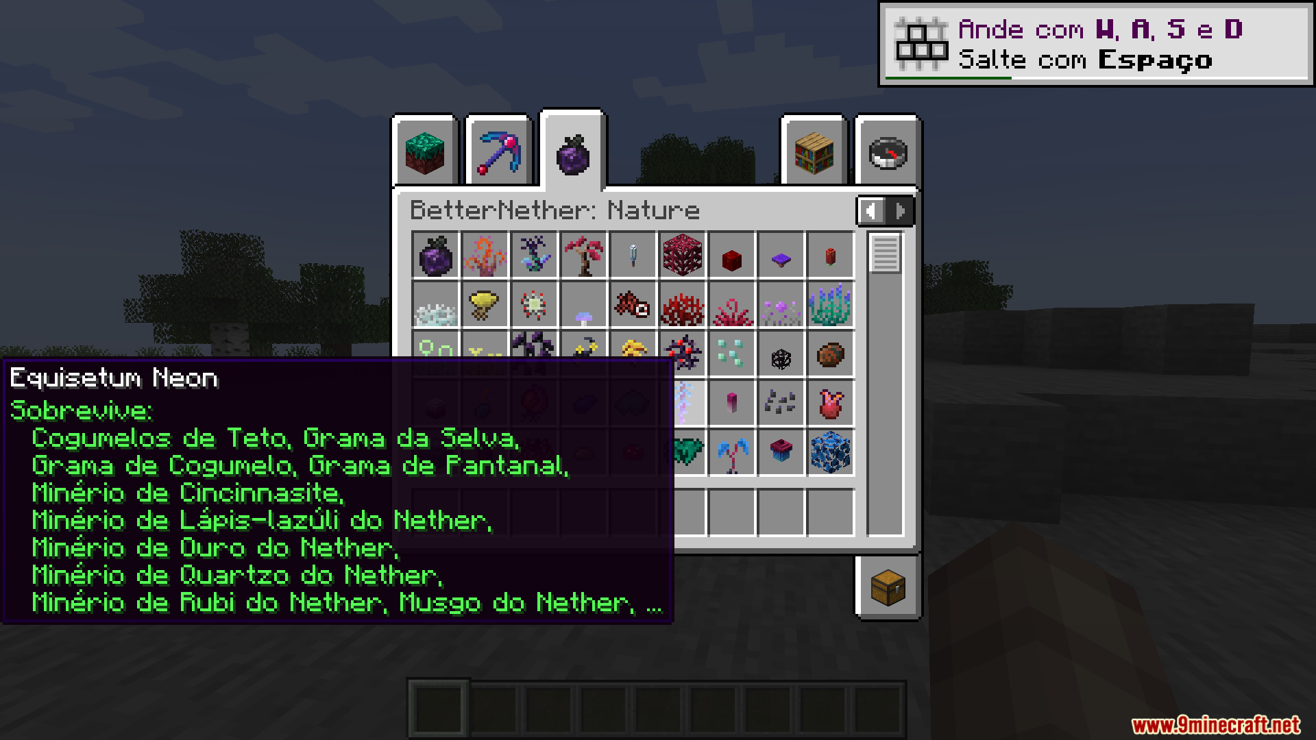 Better Nether PT BR Translation Resource Pack Screenshot 2 Minecraft inventory displaying translated item names and descriptions in Brazilian Portuguese