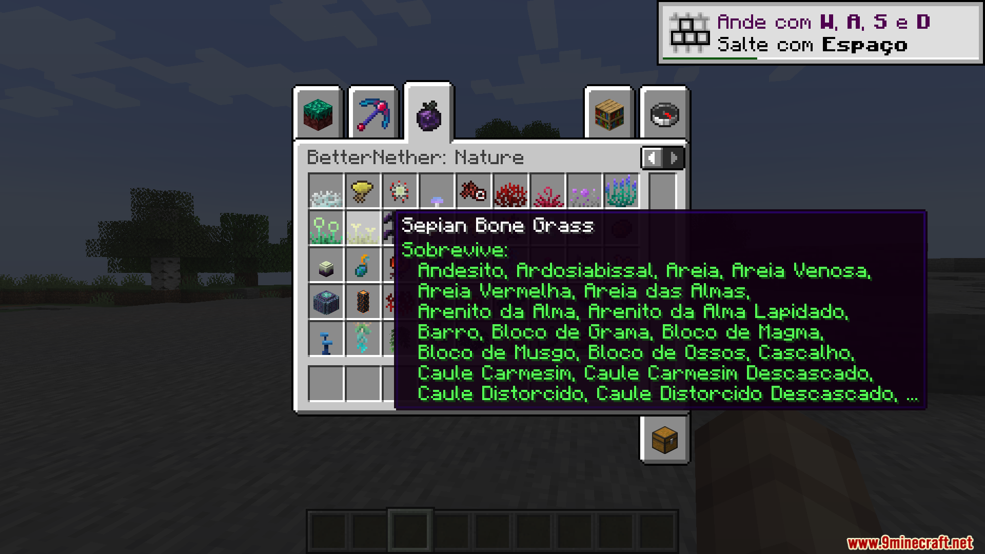 Better Nether PT BR Translation Resource Pack Screenshot 3 Inventory menu displaying Portuguese text for Sepian Bone Grass in a Minecraft mod