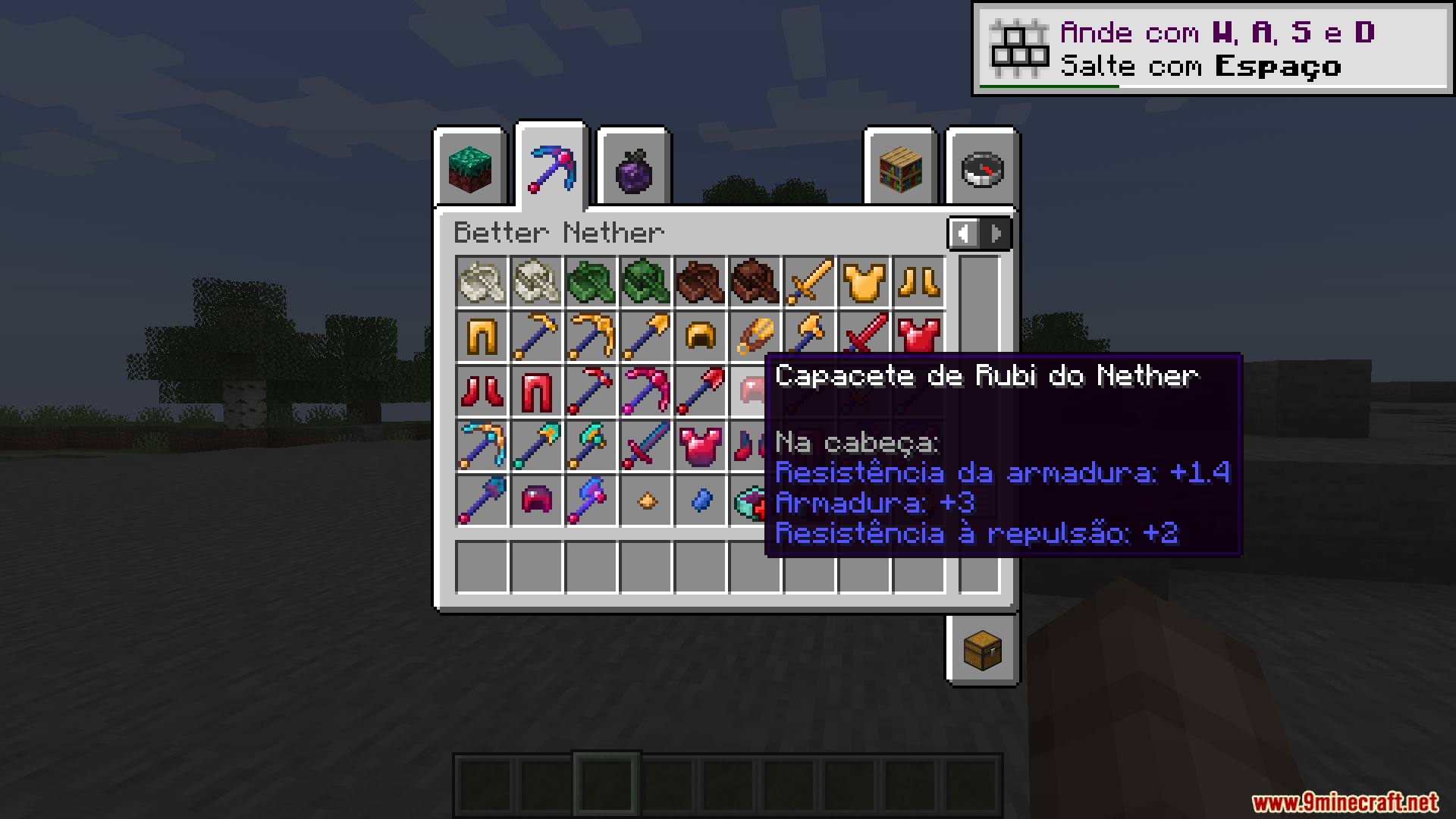 Better Nether PT BR Translation Resource Pack Screenshot 4 Inventory screen showing a ruby helmet with armor stats translated into Brazilian Portuguese