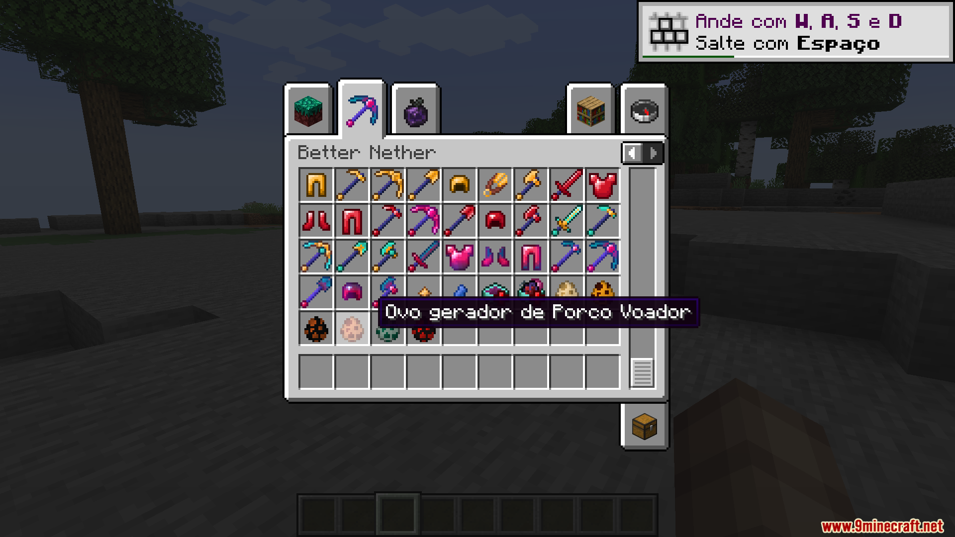 Better Nether PT BR Translation Resource Pack Screenshot 5 Minecraft inventory screen showing Better Nether items with Portuguese tooltips and names