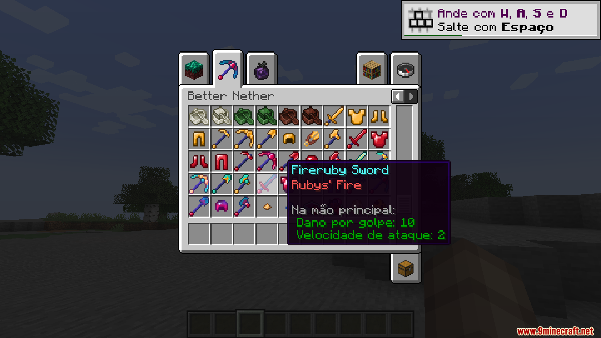 Better Nether PT BR Translation Resource Pack Screenshot 8 Tooltip for a Fireruby Sword showing attack damage and speed in Portuguese