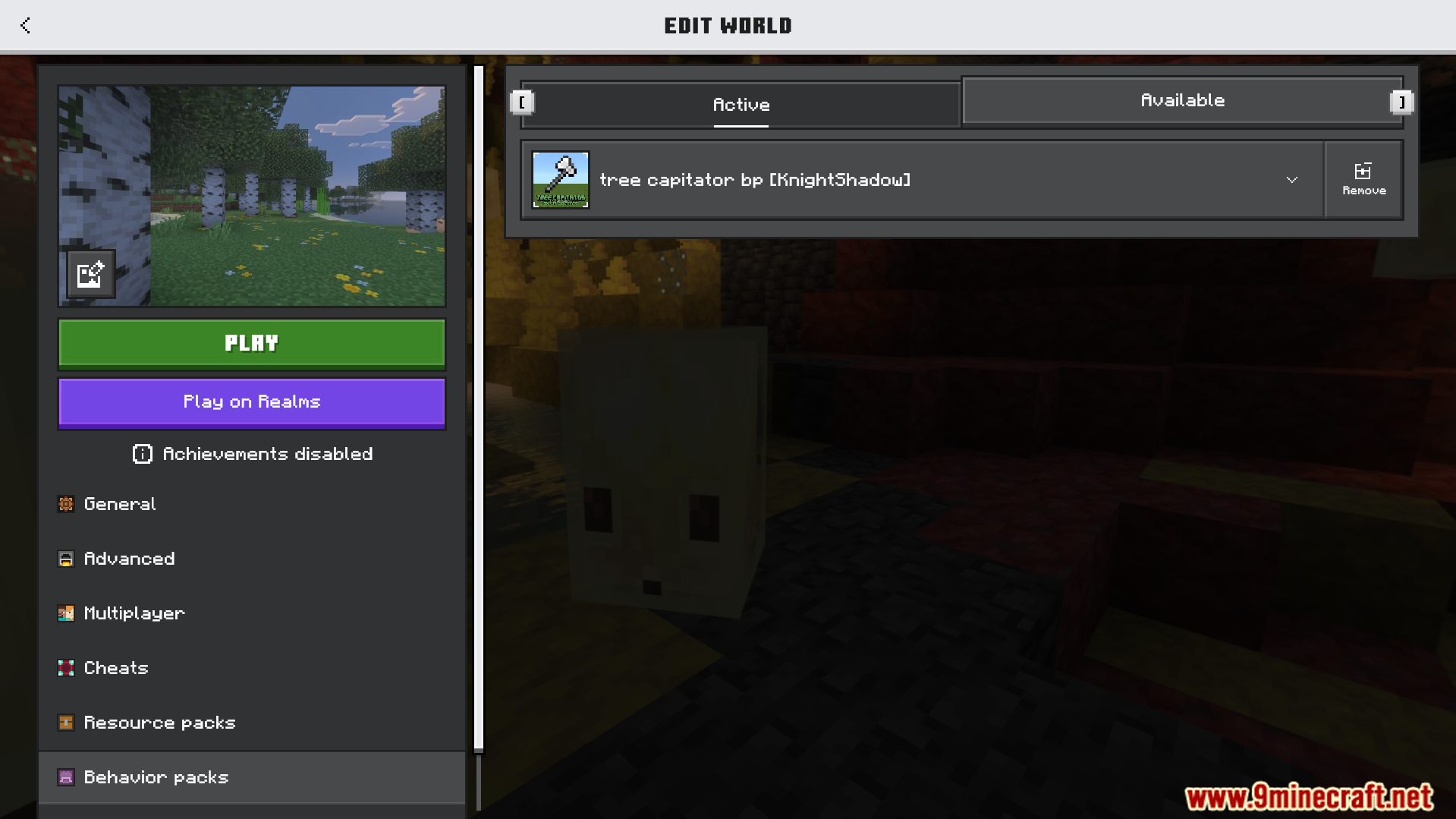 Minecraft edit world screen showing the active Better Tree Capitator Addon behavior pack