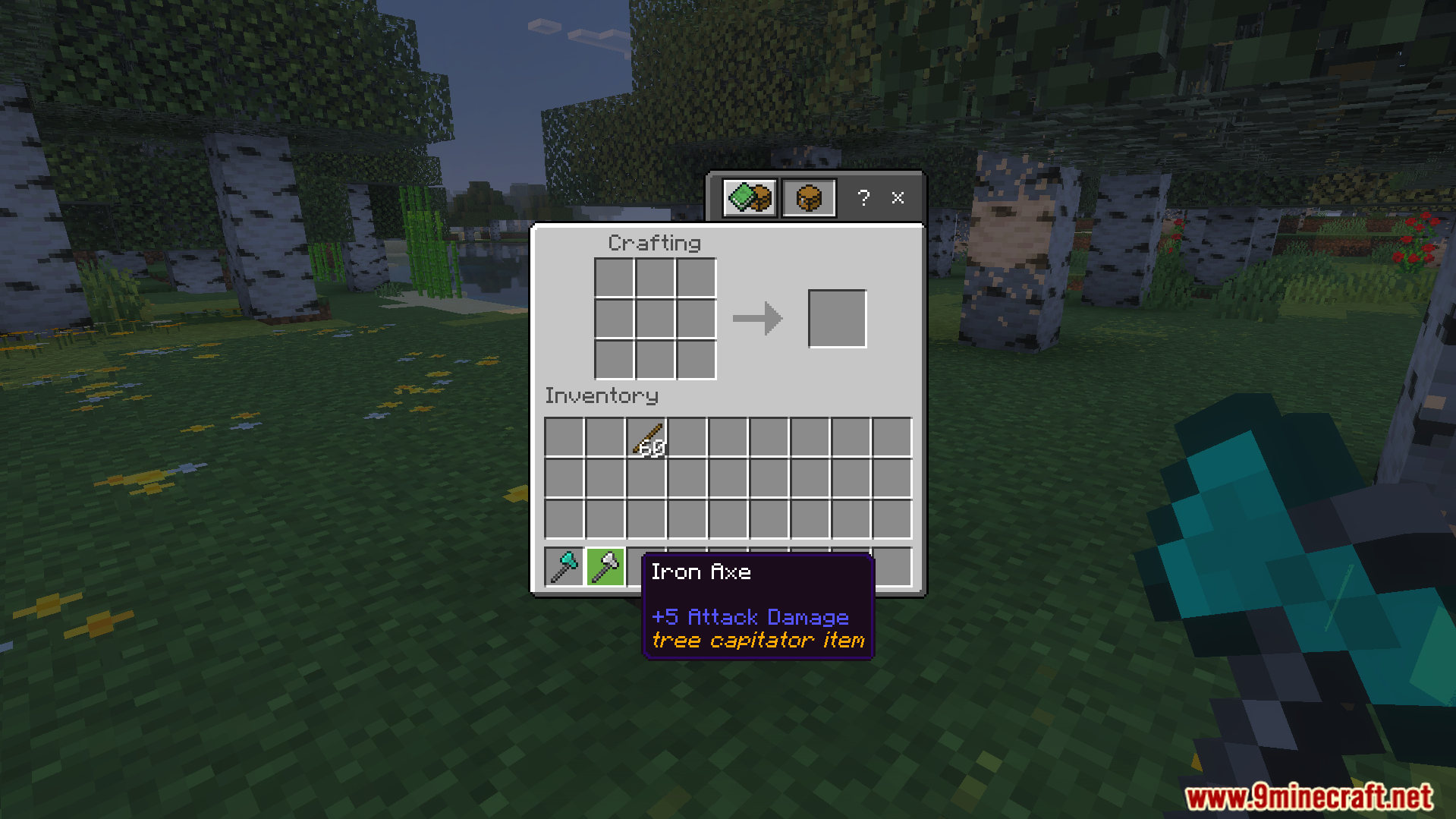 Iron axe tooltip showing tree capitator item feature in the player inventory