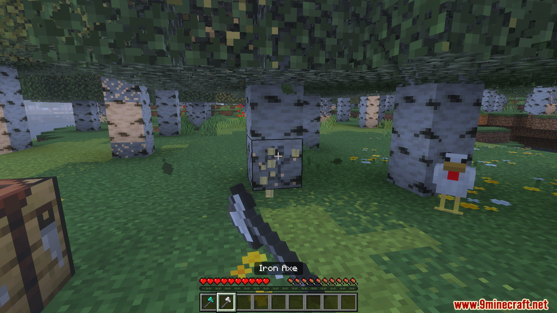 Player uses an iron axe to break a single birch tree block