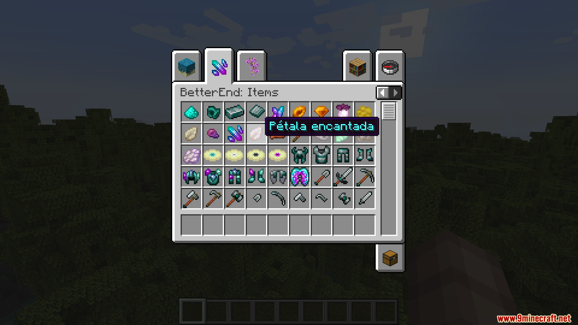 Creative inventory displaying custom items with Brazilian Portuguese names from the BetterEnd mod