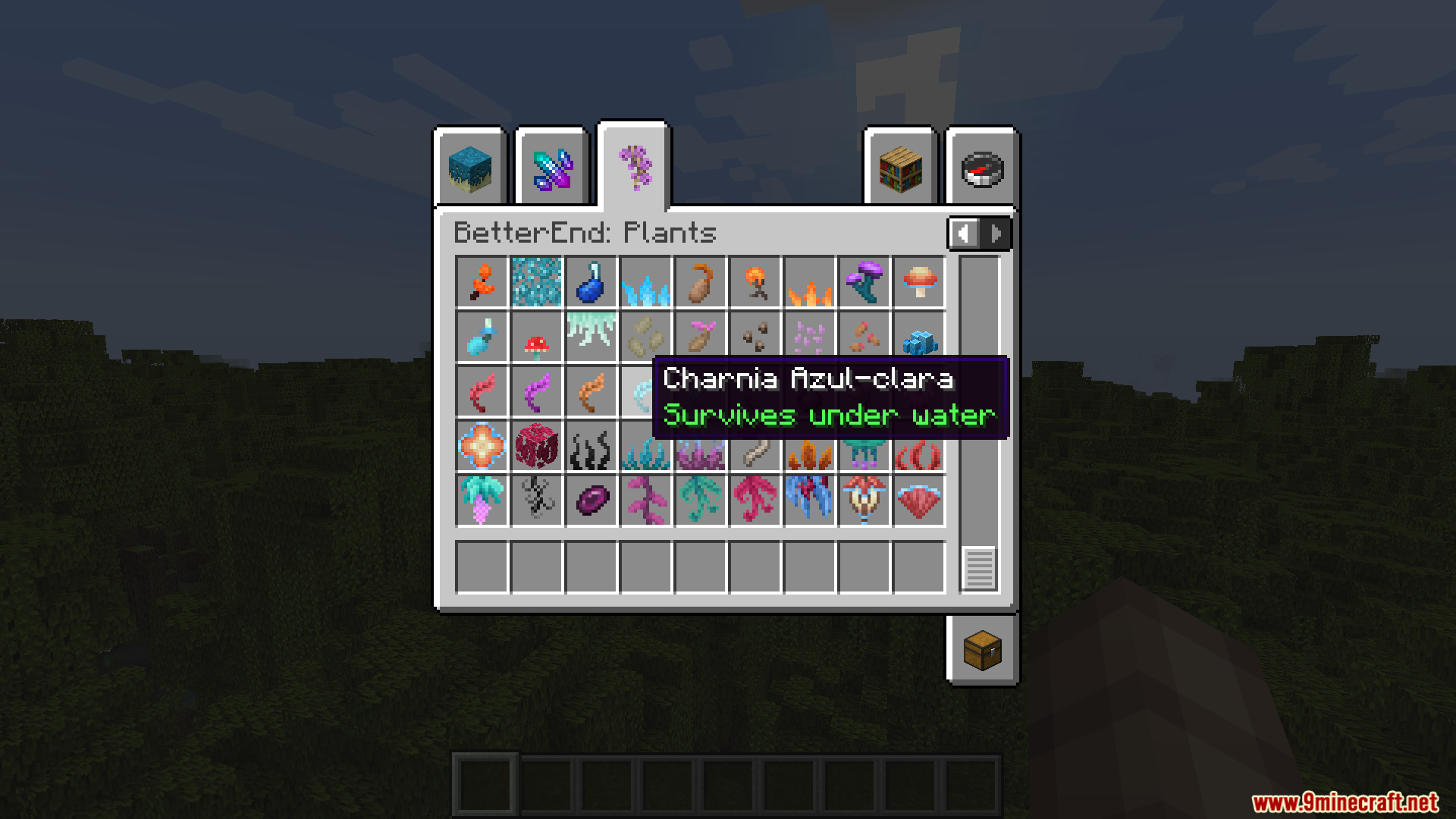 Creative inventory menu showing translated BetterEnd plant names in Brazilian Portuguese