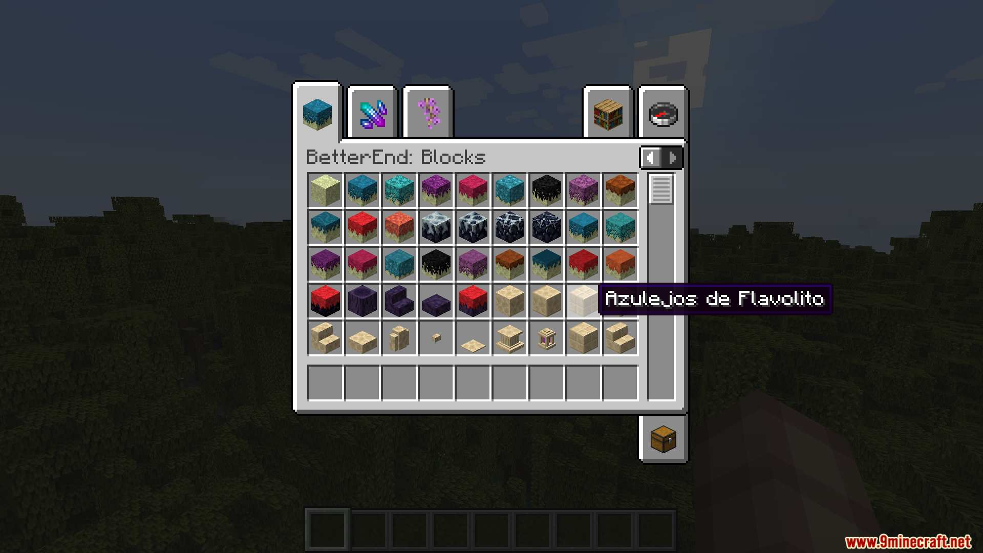Creative menu showing various block types with Brazilian Portuguese names from the mod