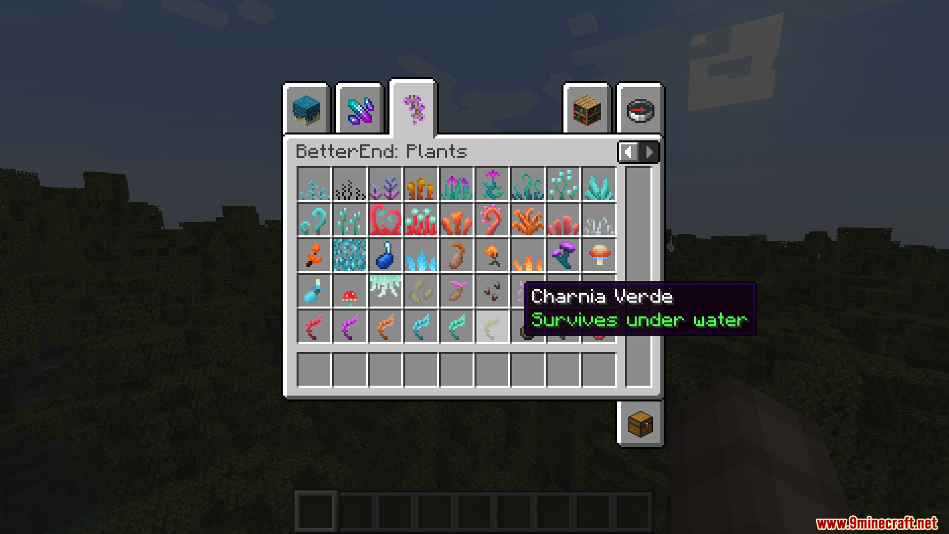 Minecraft creative inventory menu displaying various plant items from the BetterEnd mod