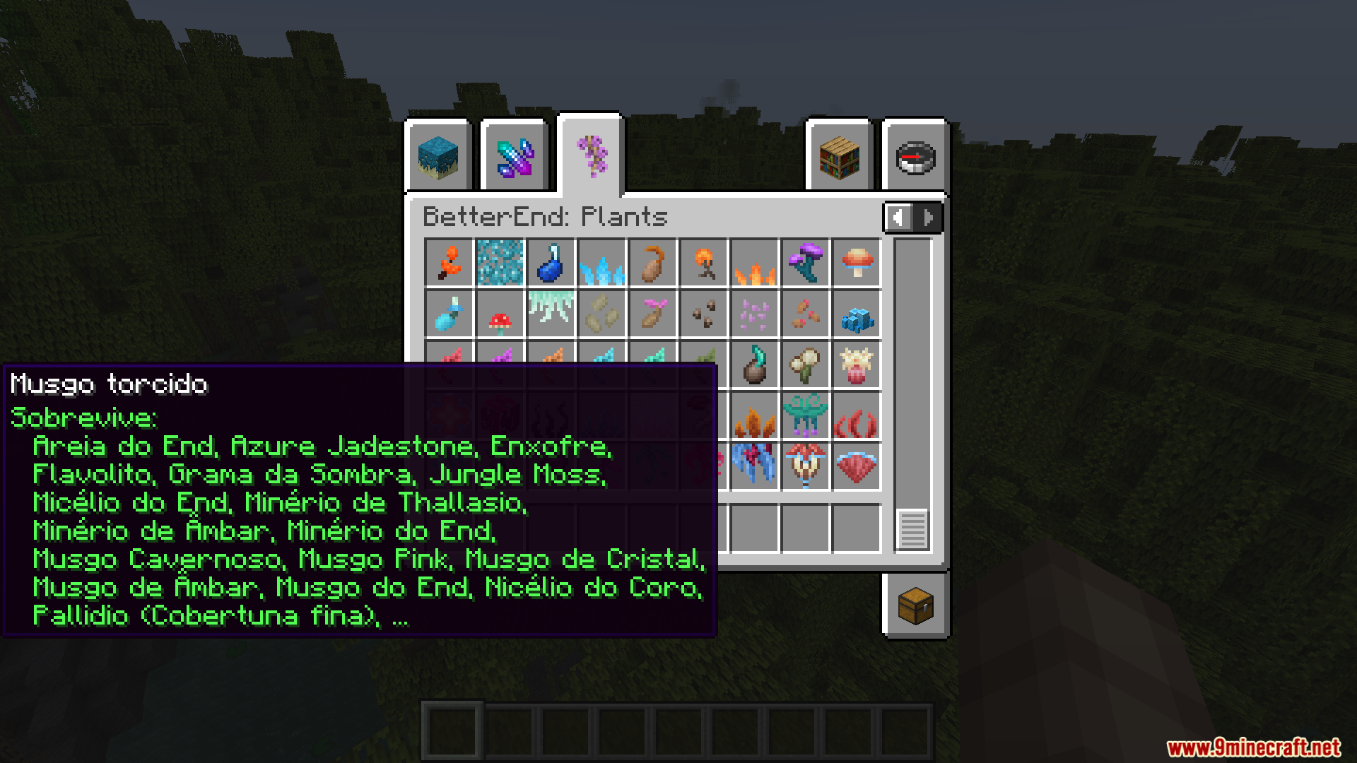 BetterEnd plant descriptions translated into Brazilian Portuguese within the creative inventory menu