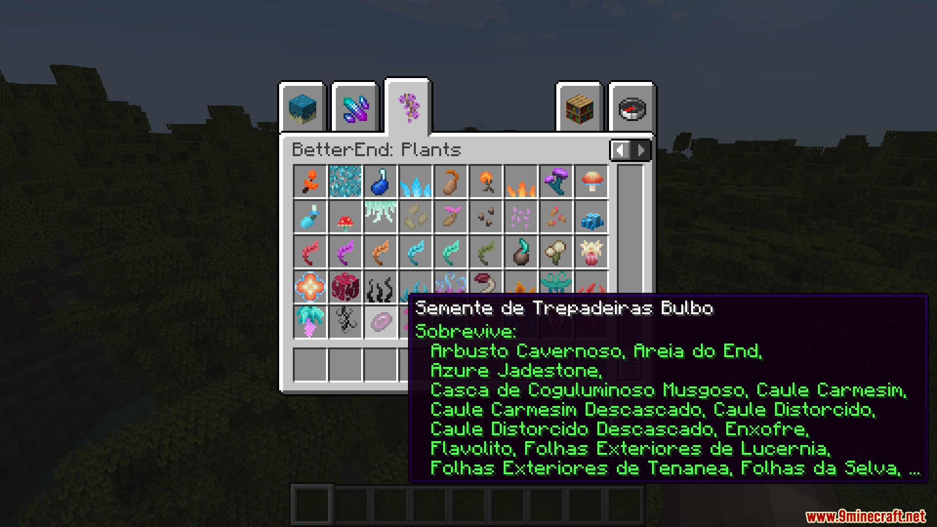 BetterEnd plant inventory tab with item descriptions translated into Brazilian Portuguese