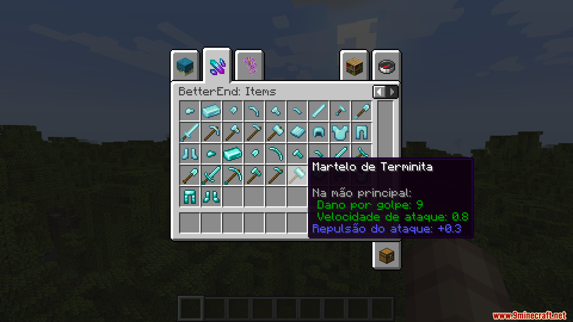 Terminite Hammer item tooltip displayed in Portuguese within the custom mod inventory