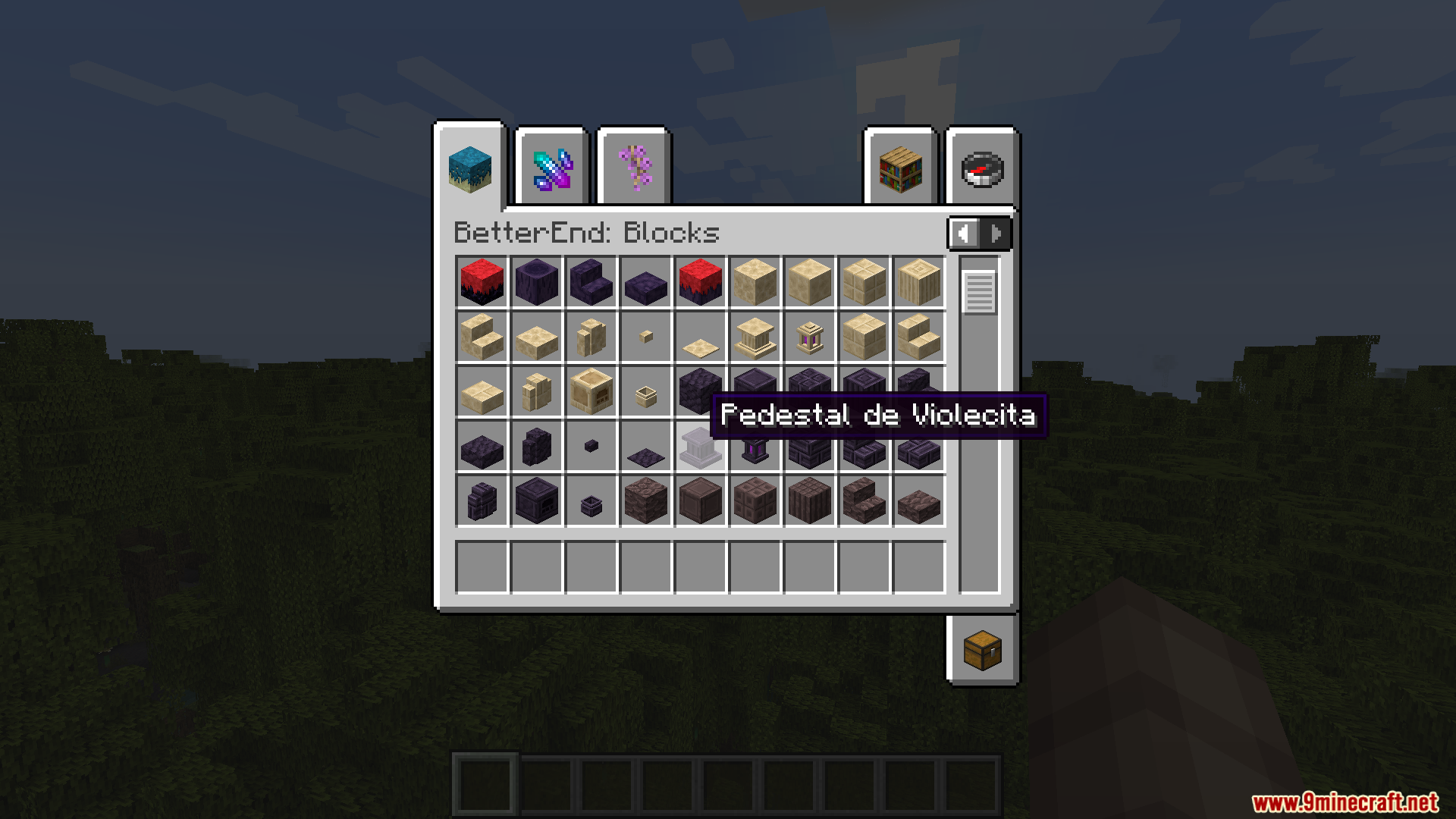 Minecraft creative inventory showing a pedestal block with a Portuguese item tooltip