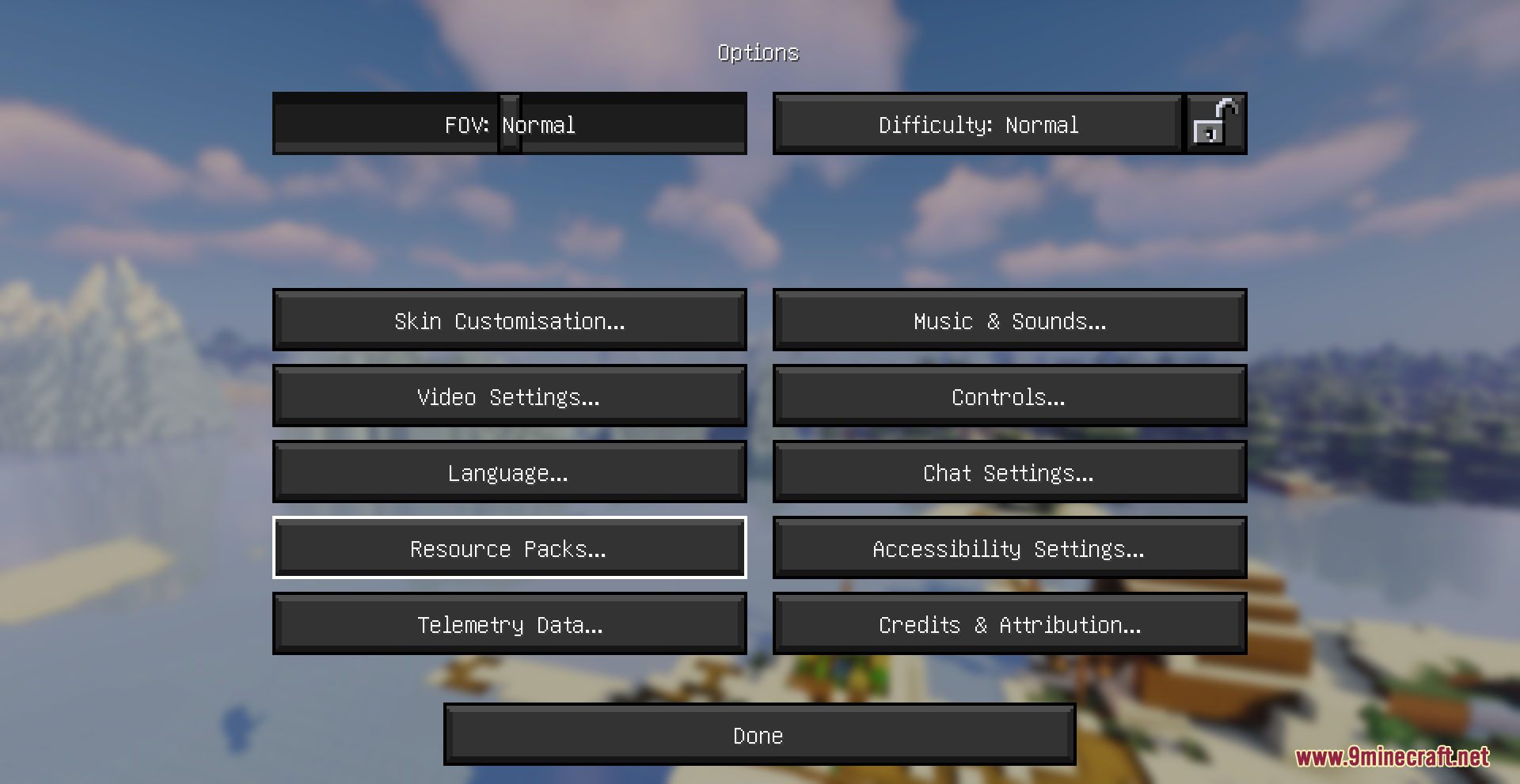 Beyond Huds Resource Pack Screenshot 1 Minecraft options menu featuring the dark theme from Beyond Huds Resource Pack