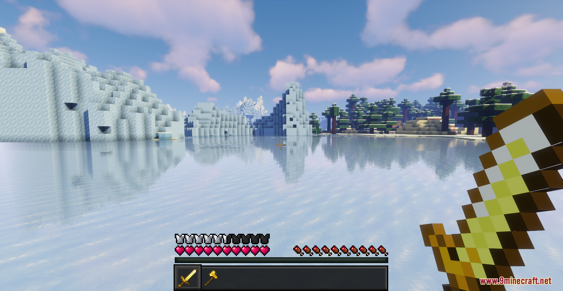 Beyond Huds Resource Pack Screenshot 2 Custom dark hotbar and health icons shown during Minecraft gameplay with shaders