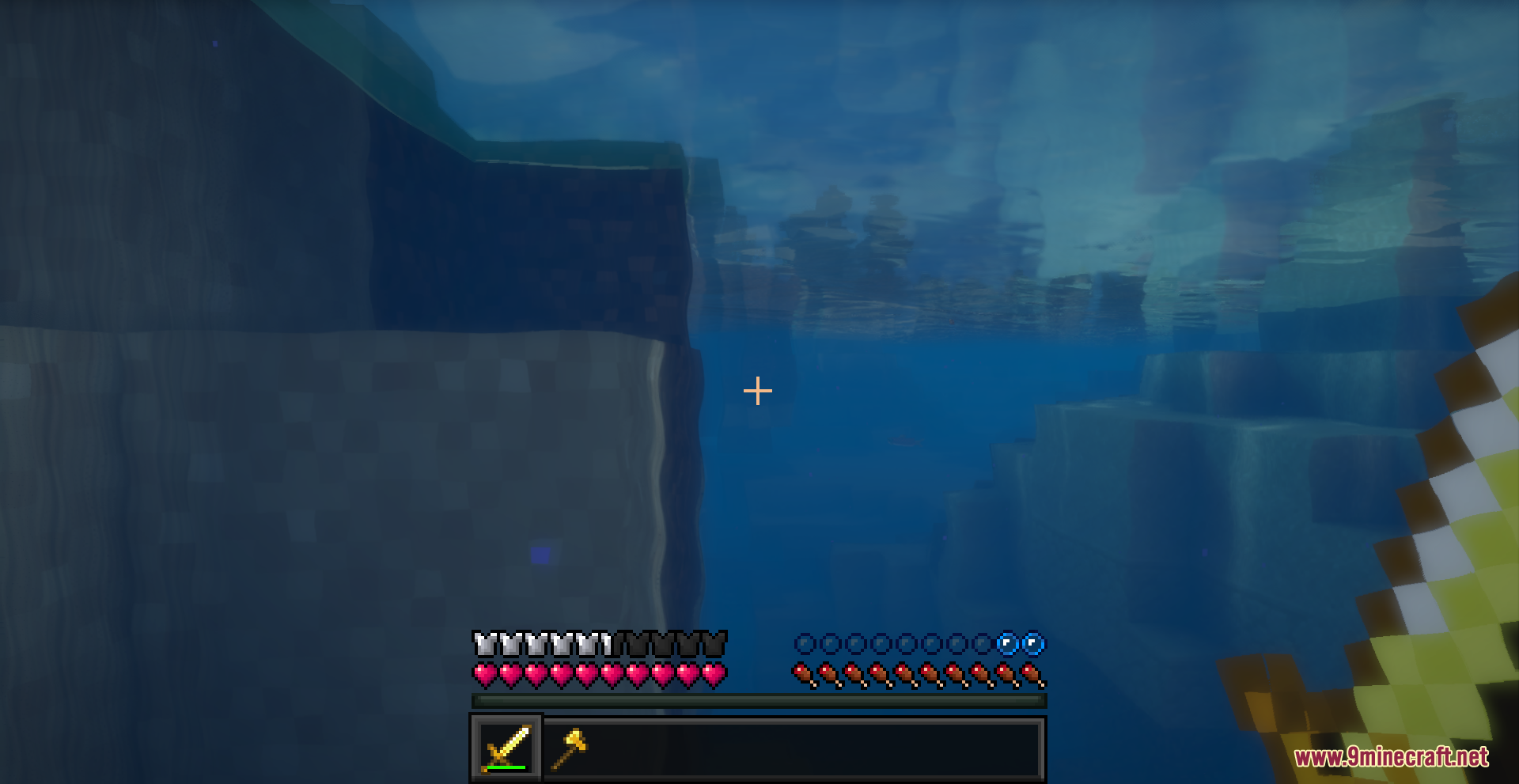 Beyond Huds Resource Pack Screenshot 3 Minecraft player swimming underwater with a dark restyled health and hunger bar