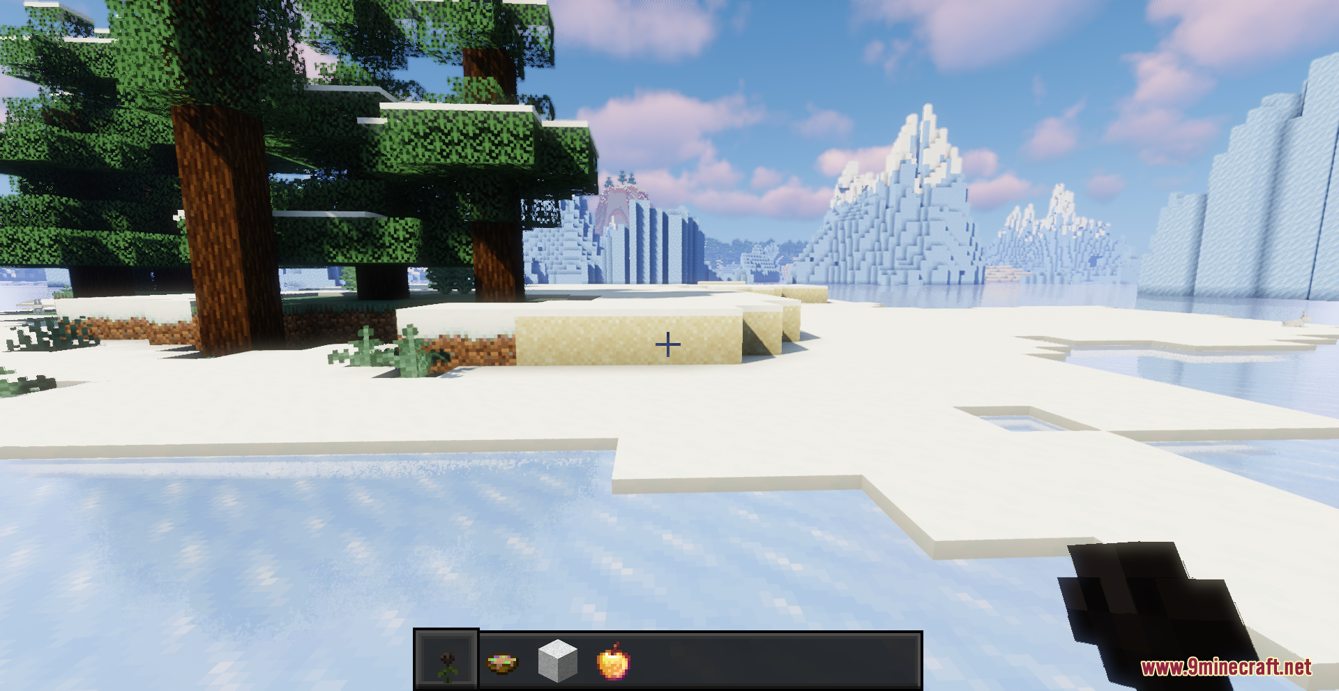 Beyond Huds Resource Pack Screenshot 4 Snowy landscape in Minecraft featuring a dark and modern styled game hotbar