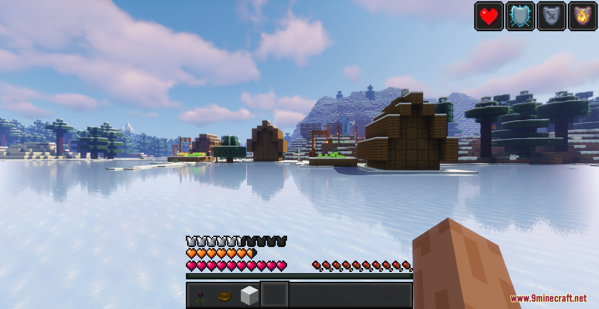 Beyond Huds Resource Pack Screenshot 7 Snowy Minecraft landscape with wooden houses and custom pink health heart icons