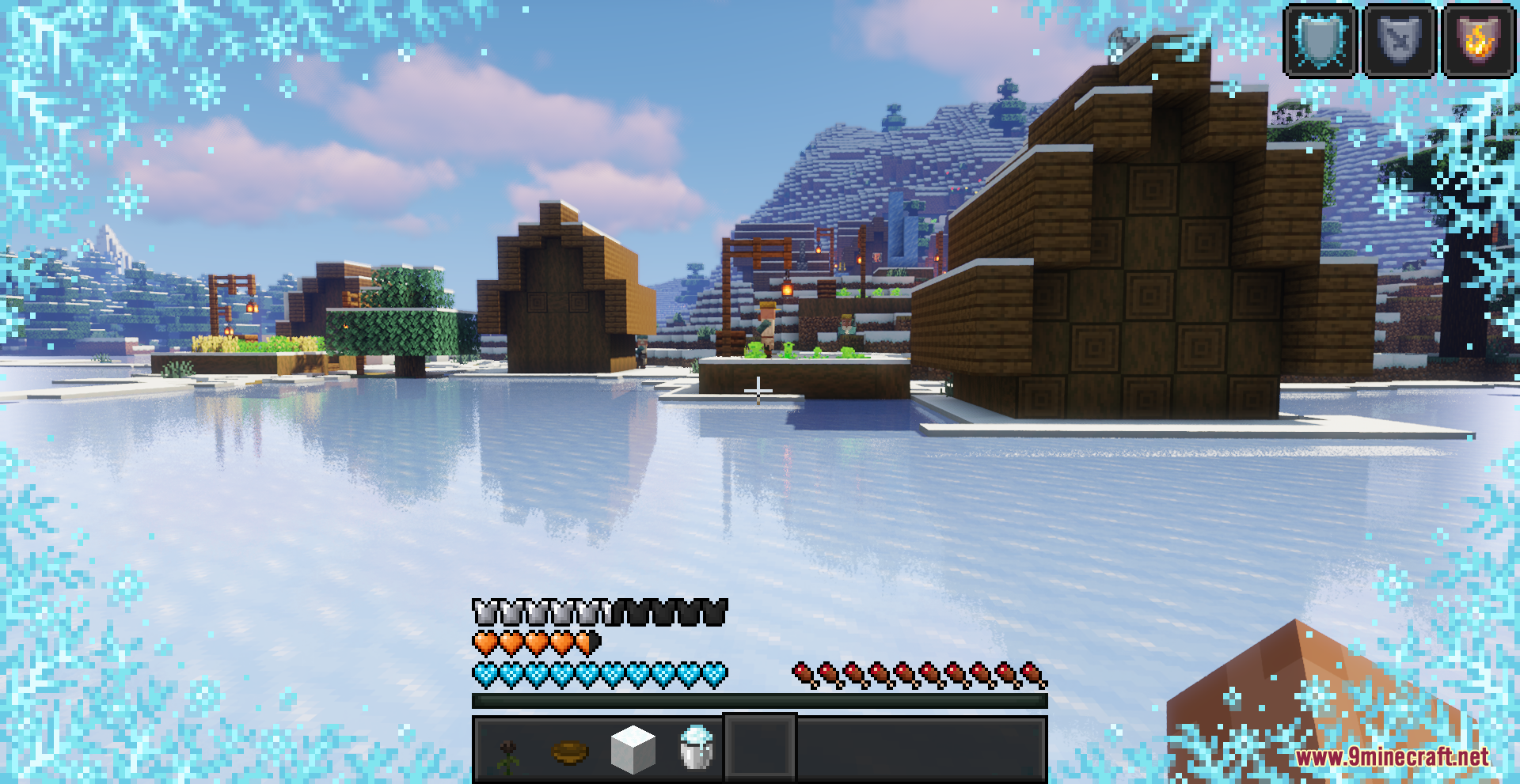 Beyond Huds Resource Pack Screenshot 8 Frozen Minecraft screen with snowflake borders and custom blue health heart icons