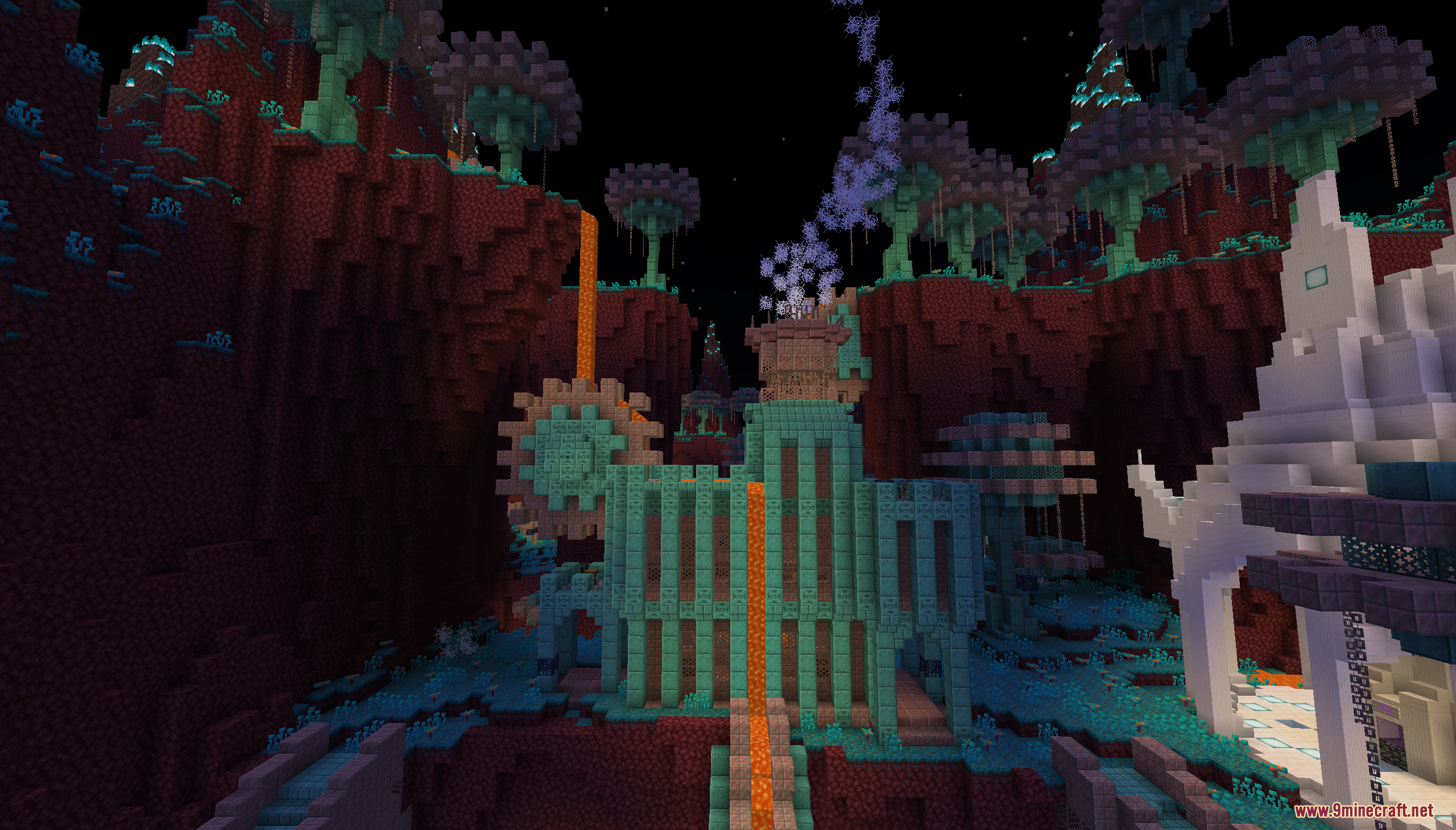 Beyond the Exosphere Map Screenshot 10 Front view of a teal building with a gear and lava falls