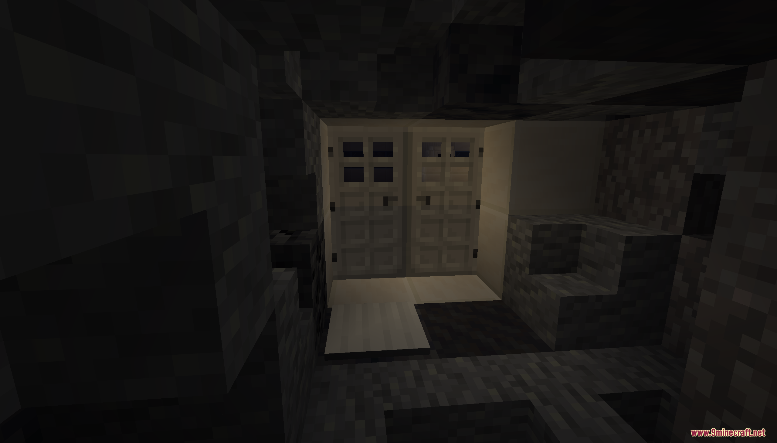 Beyond the Exosphere Map Screenshot 3 Two white doors placed inside a dark stone room in Minecraft