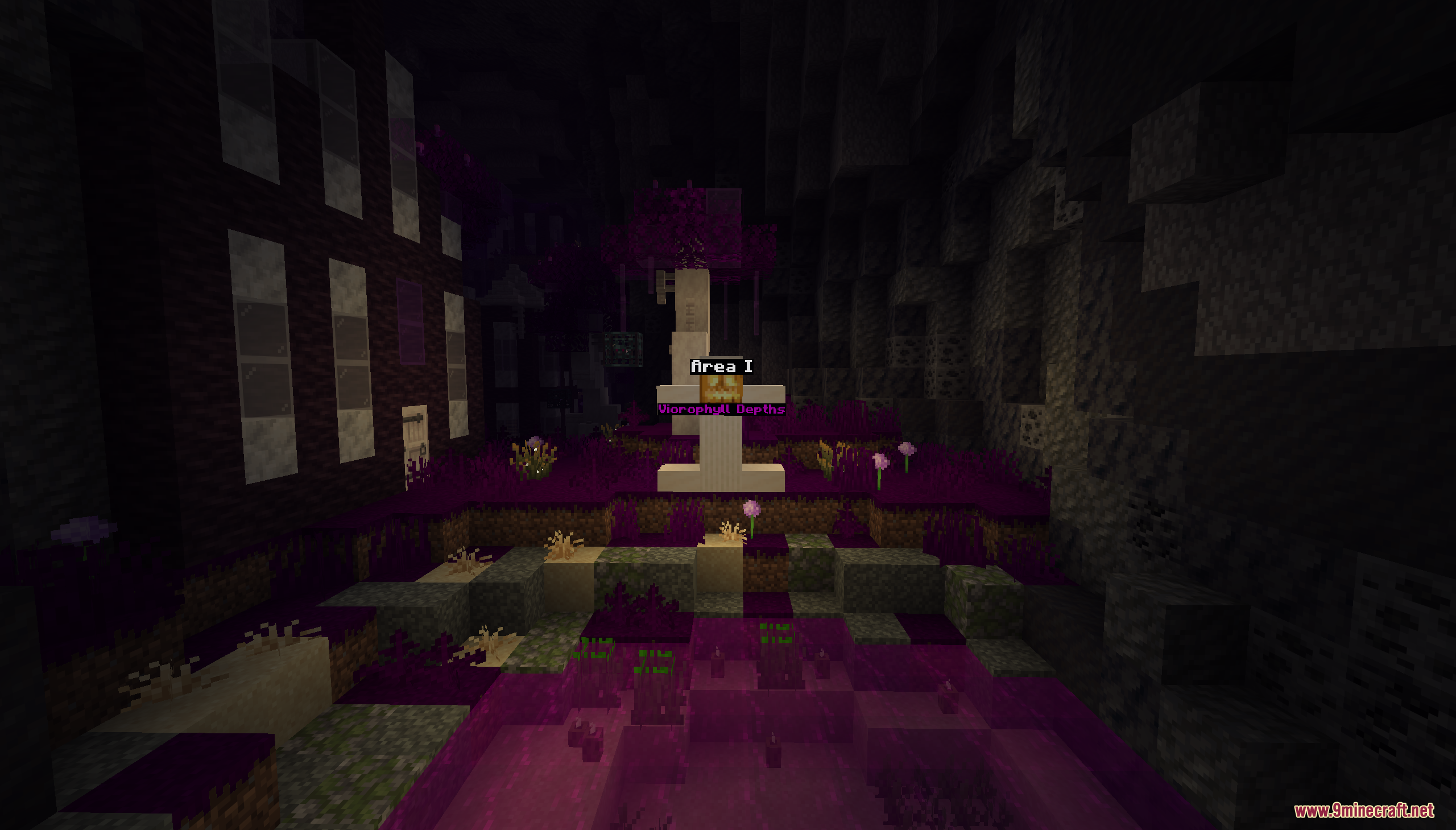Beyond the Exosphere Map Screenshot 4 A purple underground landscape with a sign marking Area I Viorophyll Depths