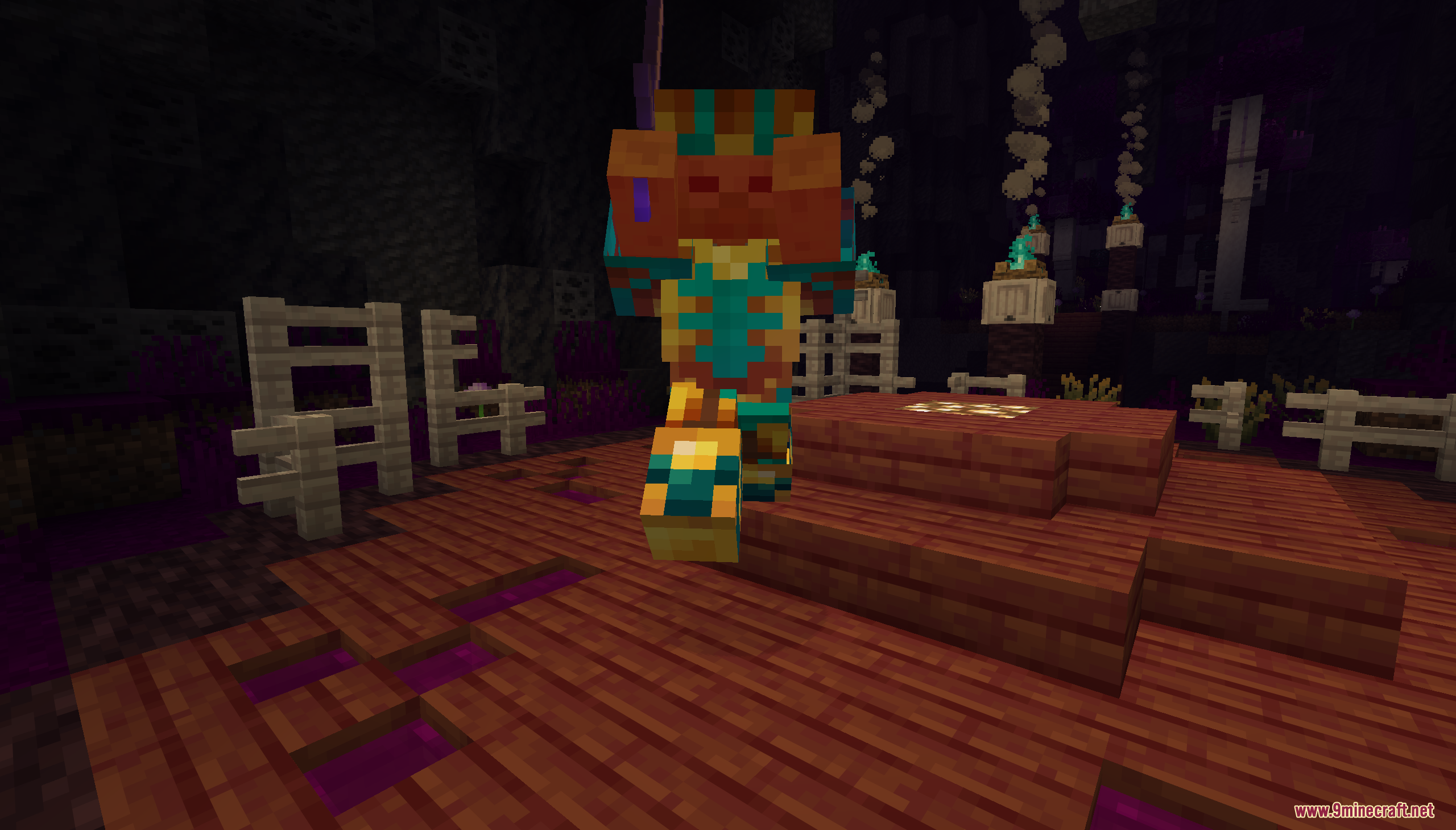 Beyond the Exosphere Map Screenshot 6 A character in custom teal armor stands on a wooden platform near lanterns